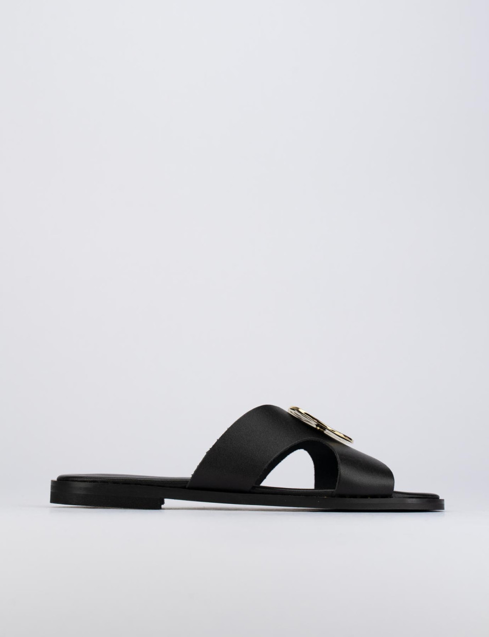 Slippers heel 1 cm black leather