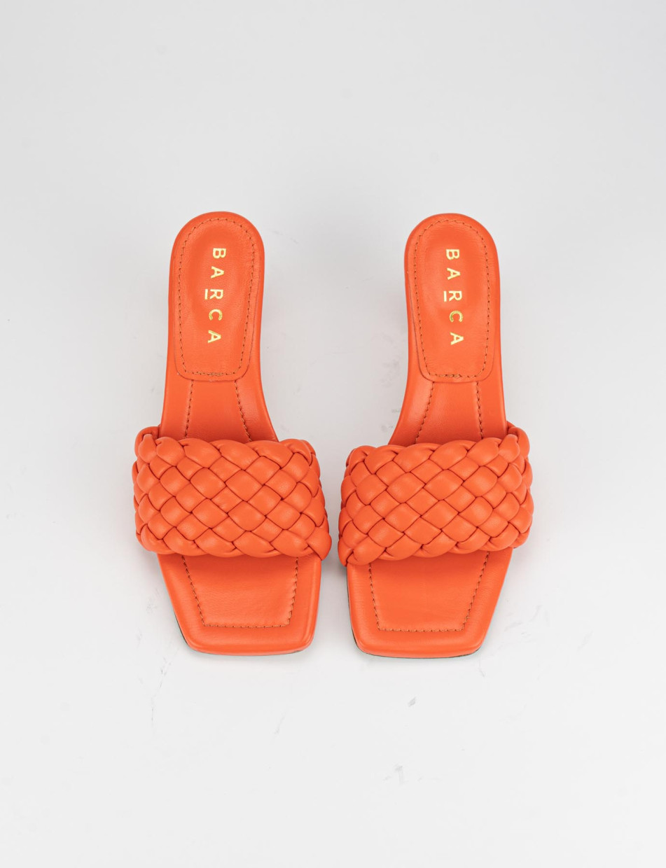 Slippers heel 5 cm orange leather