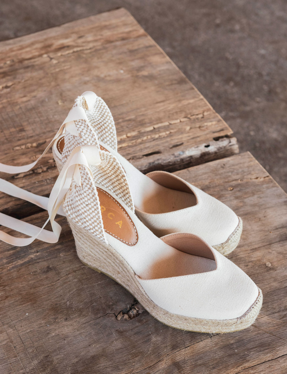 Espadrilla zeppa 9 cm beige tessuto