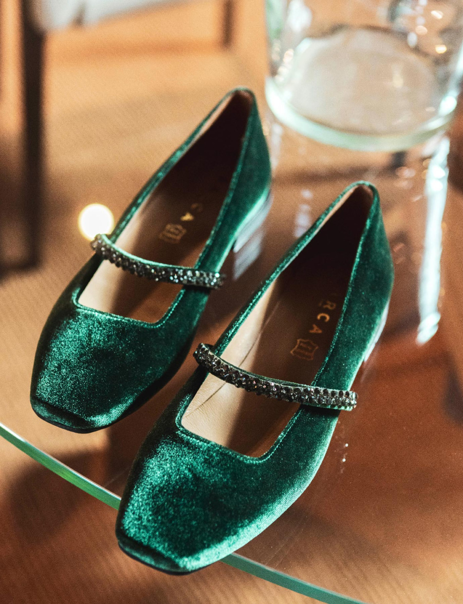 Flat shoes heel 1 cm green velvet