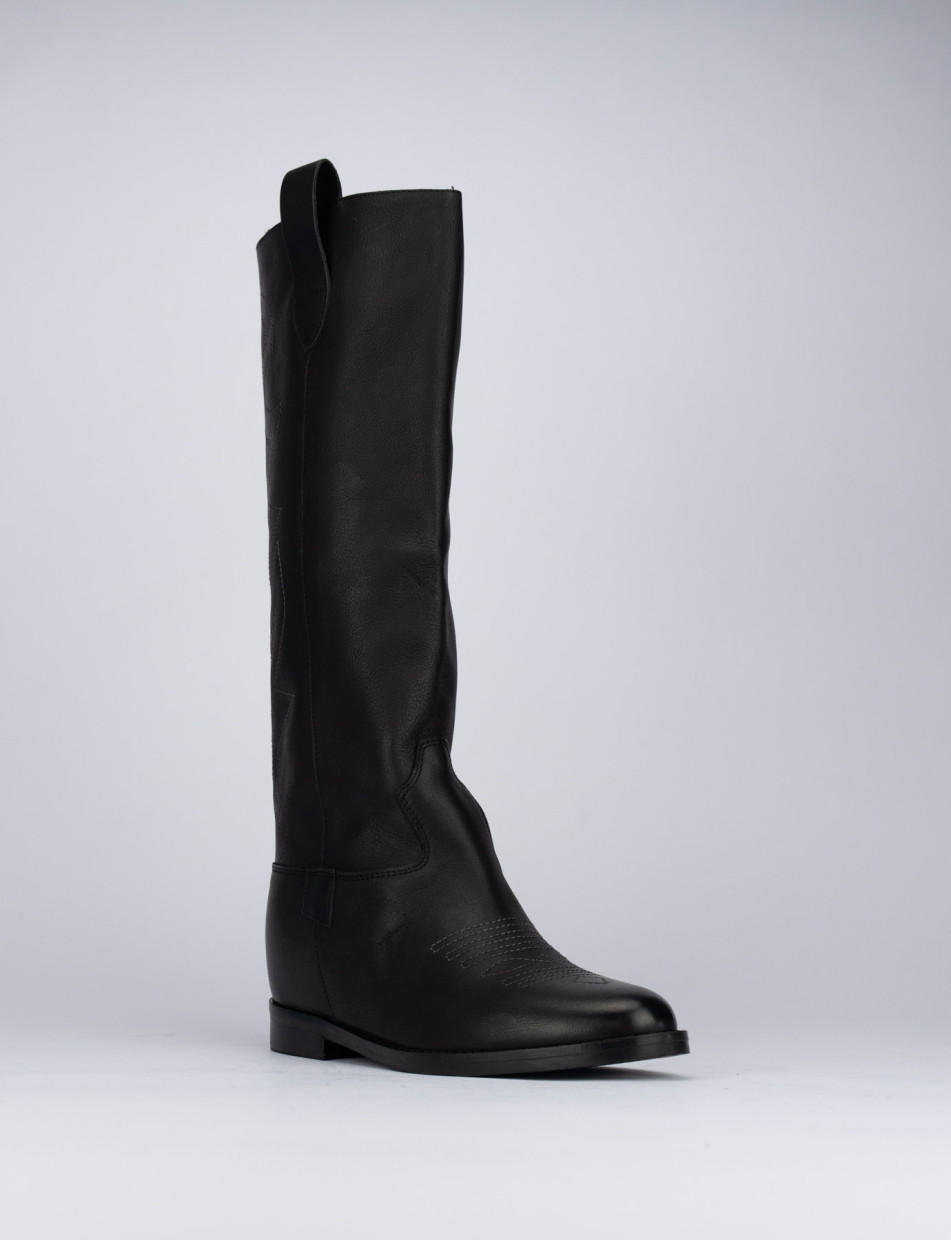 Black leather knee high low heel boots hotsell