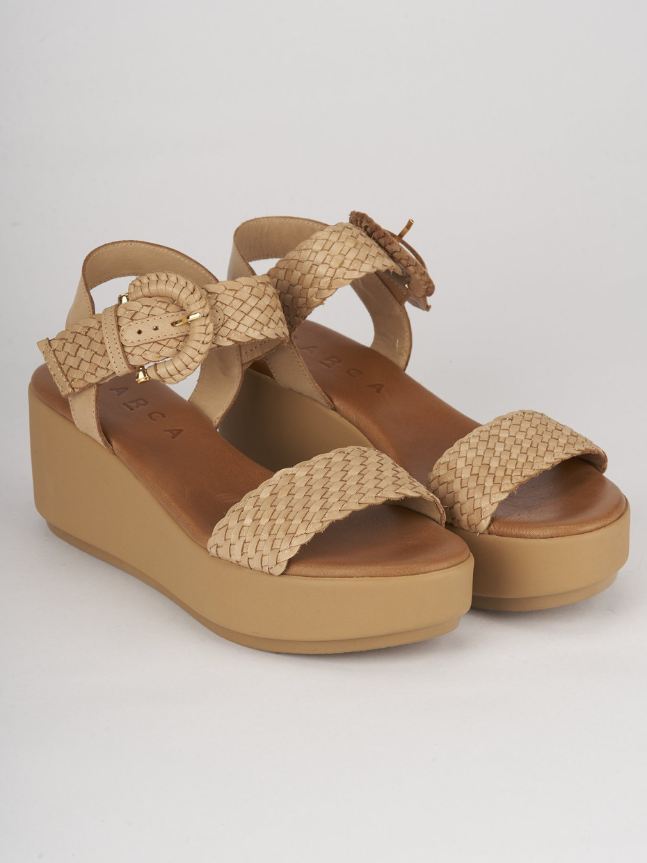 Sandali zeppa tacco 7cm pelle beige