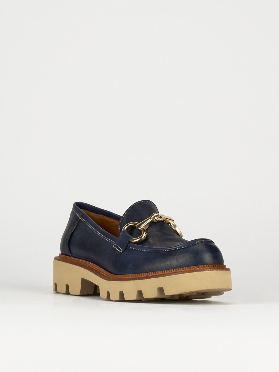 Mocassino tacco 1 cm blu pelle