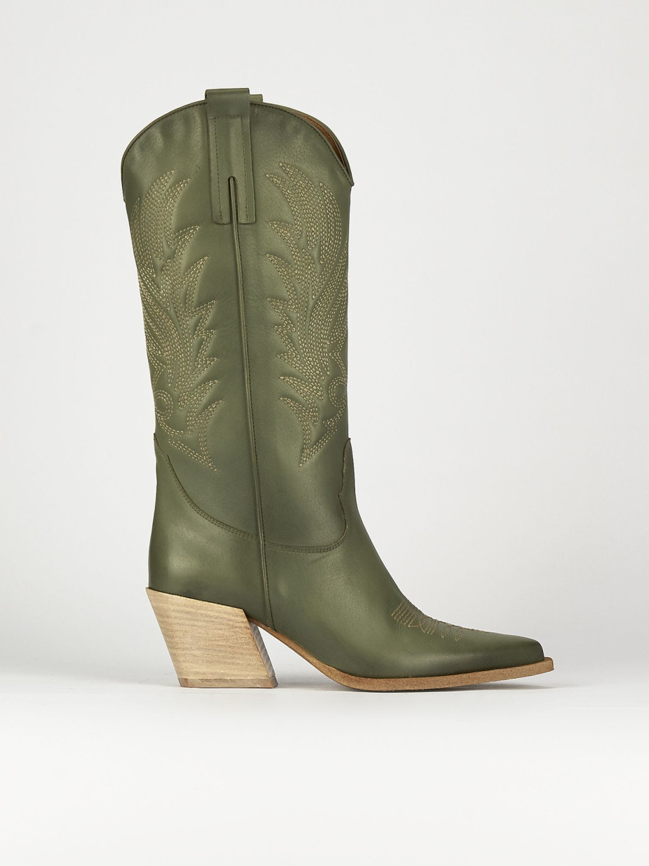 High heel boots heel 7 cm green leather