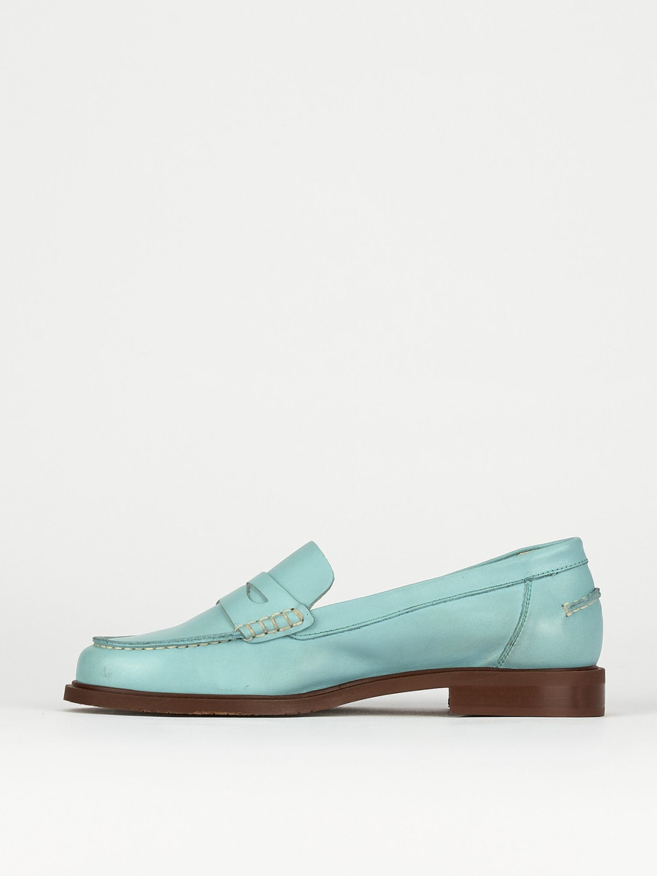 Loafers heel 1 cm light blue leather