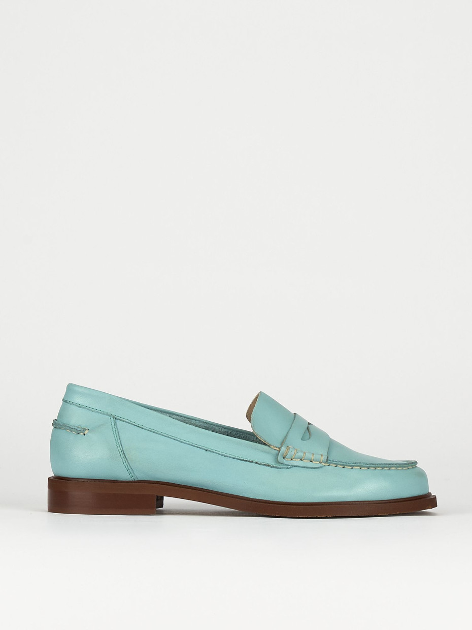 Loafers heel 1 cm light blue leather