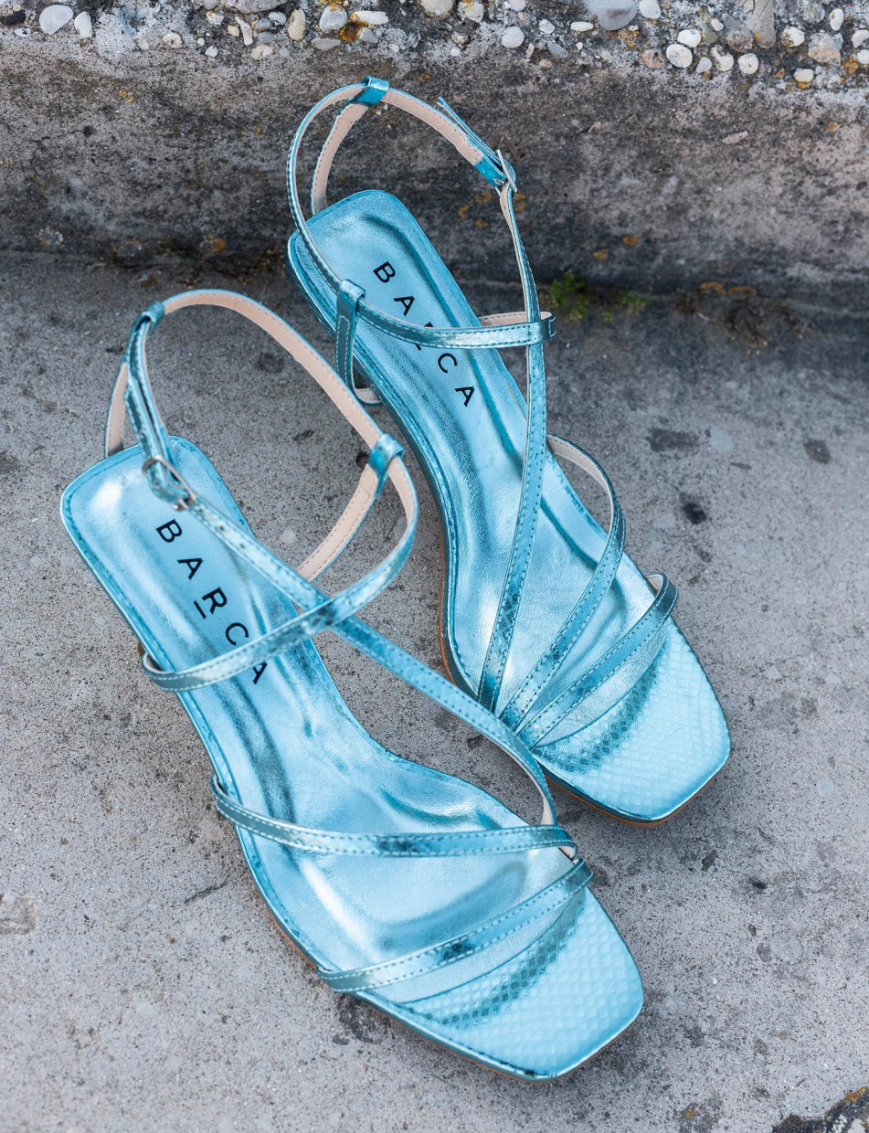 High heel sandals heel 6 cm light blue python