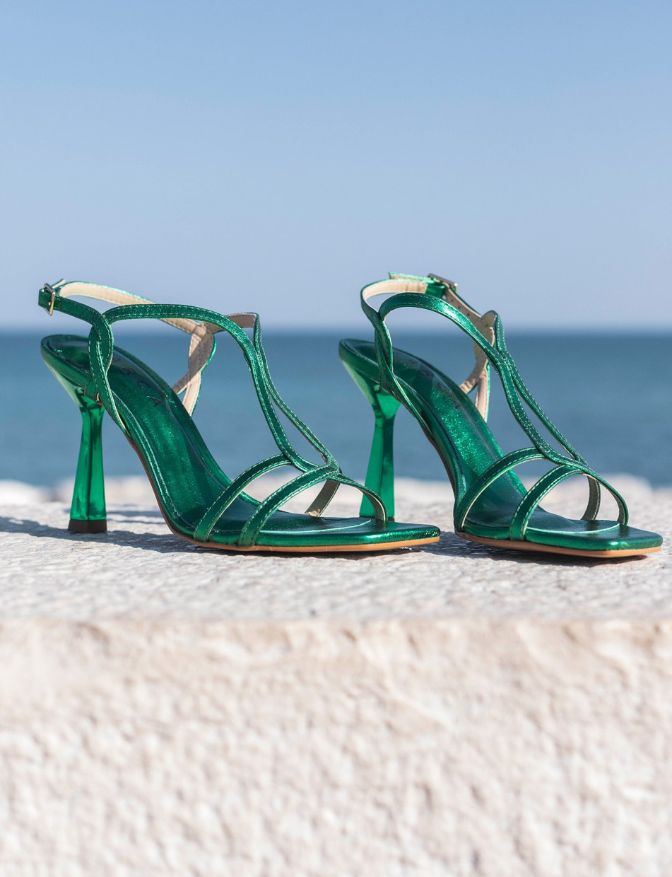High heel sandals heel 9 cm green leather