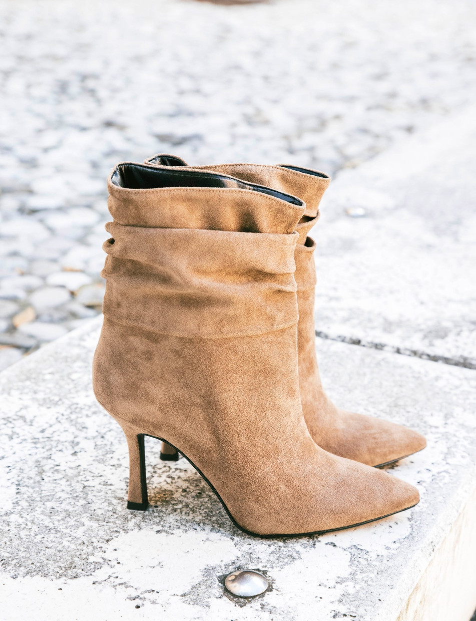 Dana Suede Statement Heel Pointed Ankle Boots in Beige | ikrush
