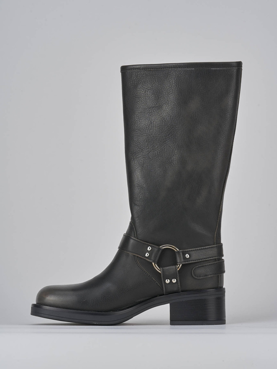 Tall black leather shop boots with low heel