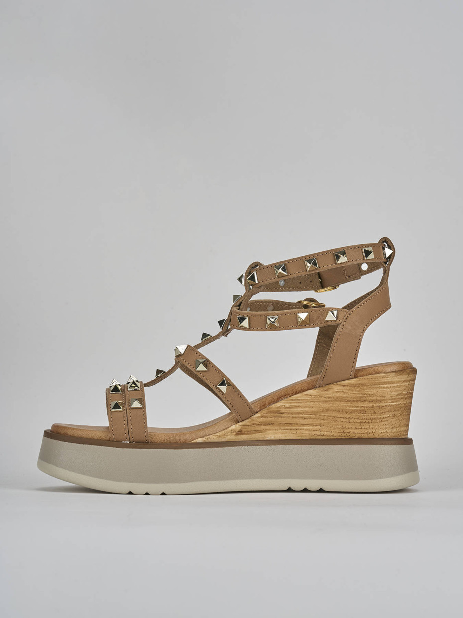 Sandali zeppa tacco 8cm pelle marrone