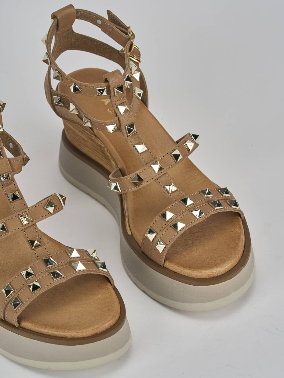 Sandali zeppa tacco 8cm pelle marrone