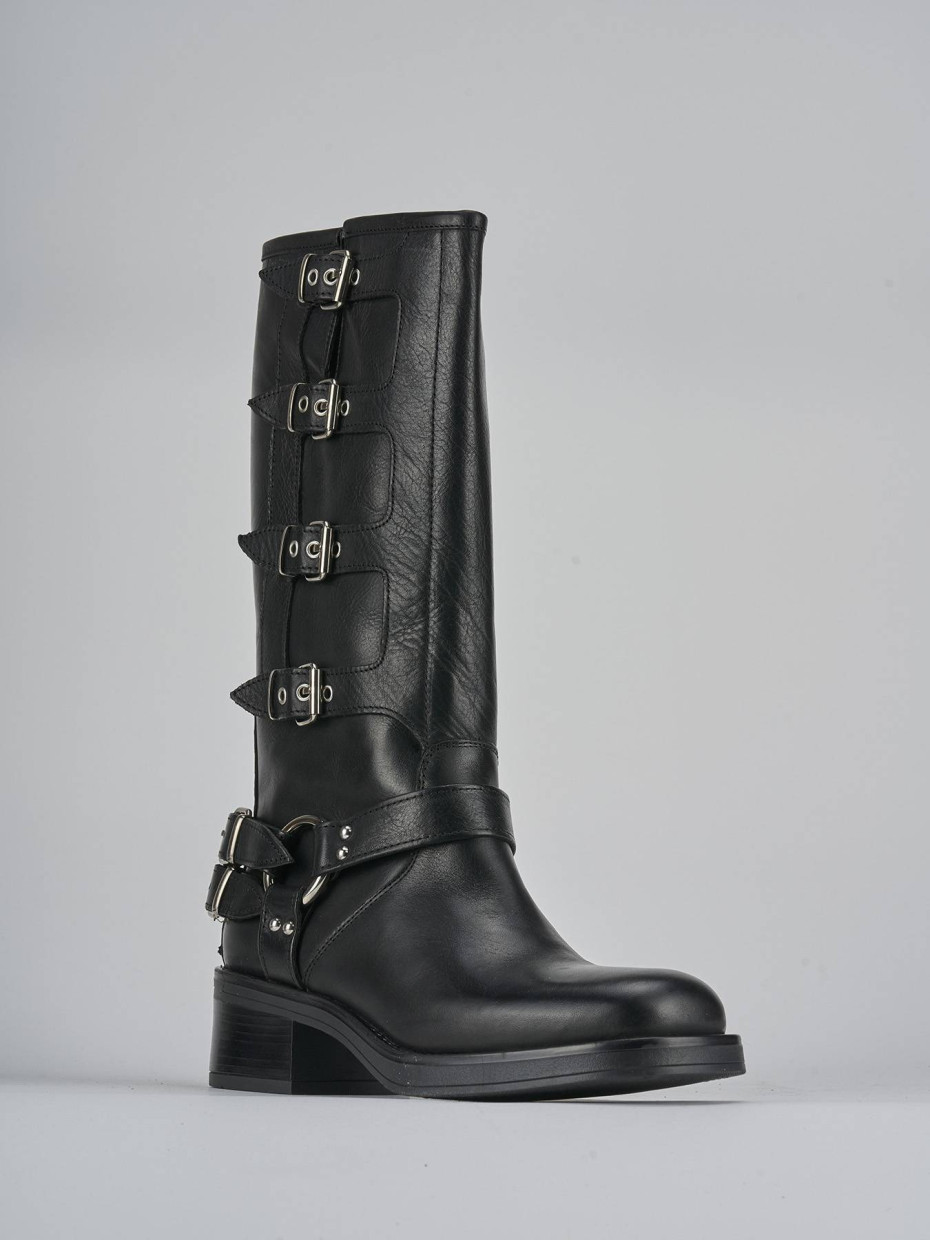 Stivale biker tacco 5 cm nero pelle