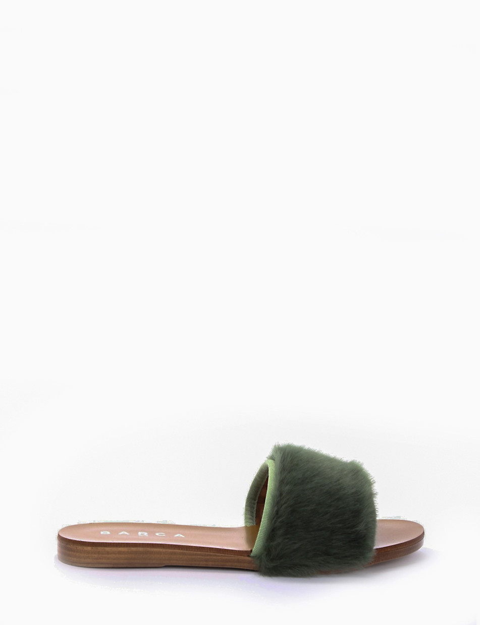 Slippers heel 1 cm green furs