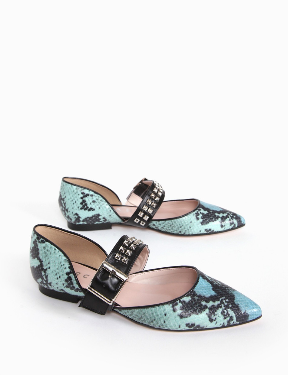 Flat shoes heel 1 cm light blue python