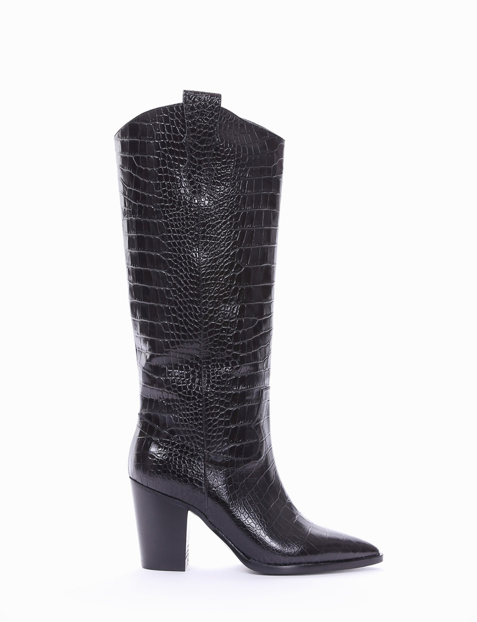 High heel boots heel 8 cm black python