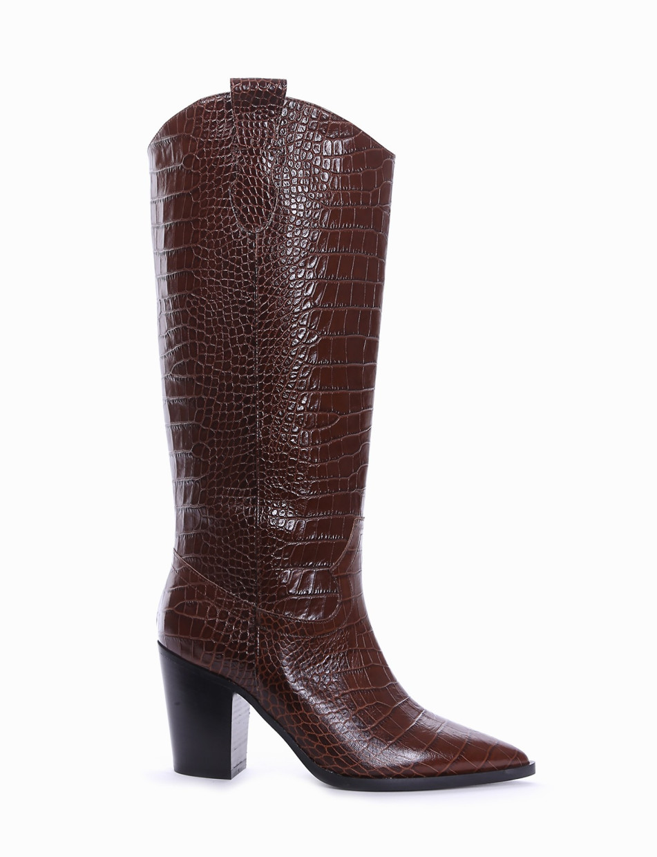 High heel boots heel 8 cm dark brown python