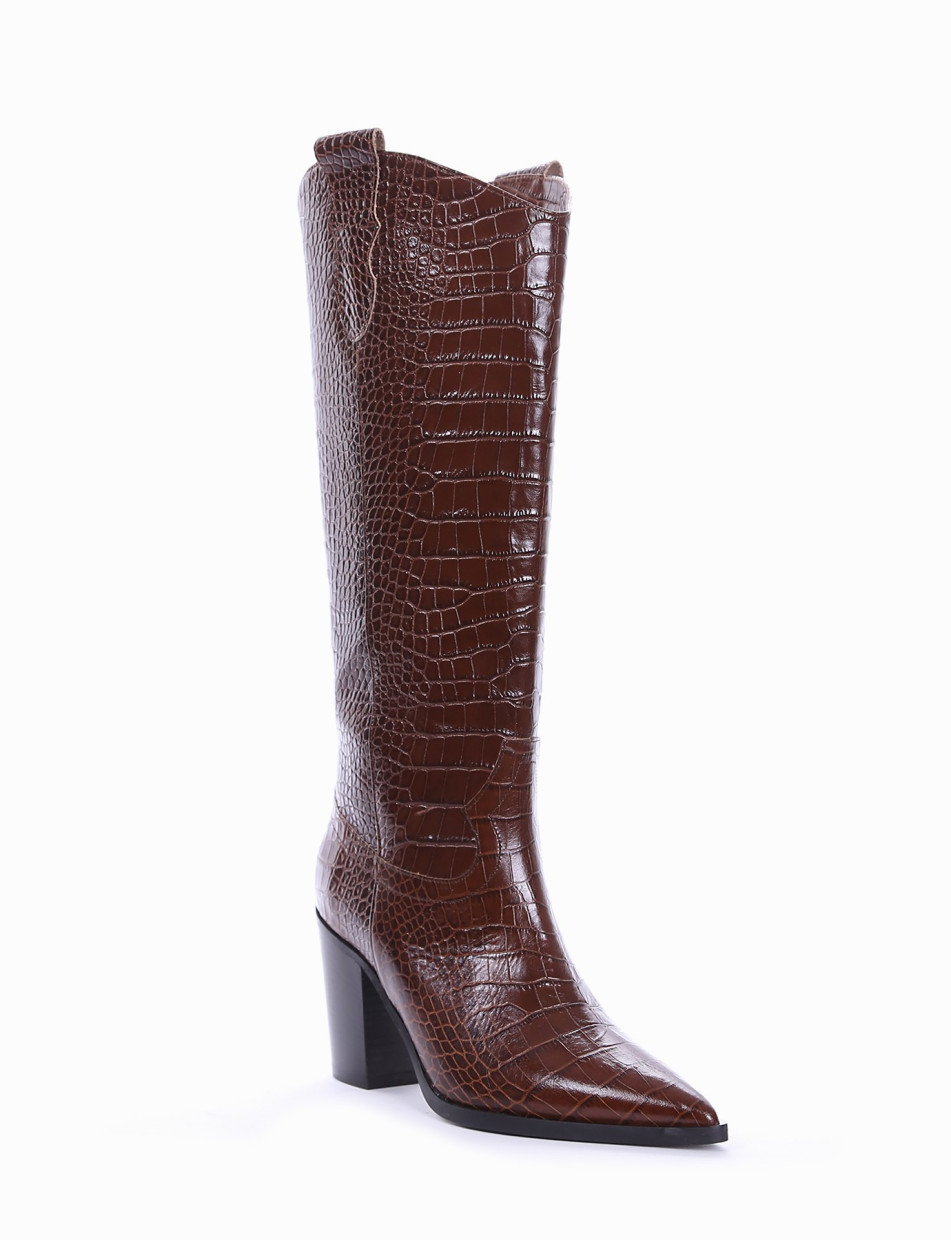 High heel boots heel 8 cm dark brown python